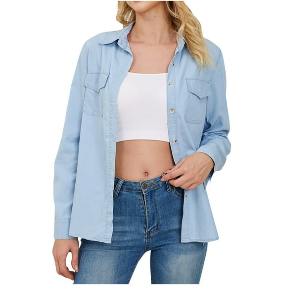 Qetyuw Women's Button Down Jean Shirts Casual Long Sleeve Classic Denim Blouses Relaxed Fitted Jean Shirt with Pockets Petite Lightweight Jean Jackets