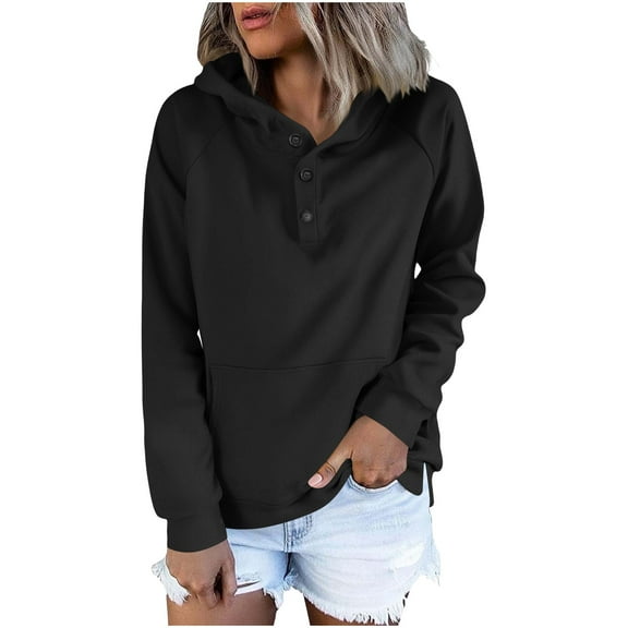 Qetyuw Women's Button Up Hoodies Raglan Long Sleeve Sweatshirts Loose Fit Casual Pullover with Pockets