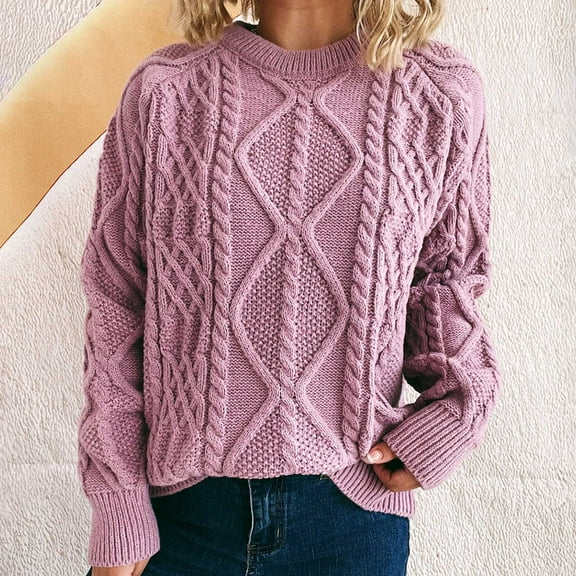 Qetyuw Women's Cable Knitted Sweater Chunky Long Sleeve Crew Neck Pullover Jumper Solid Color Loose Fit Casual Sweaters