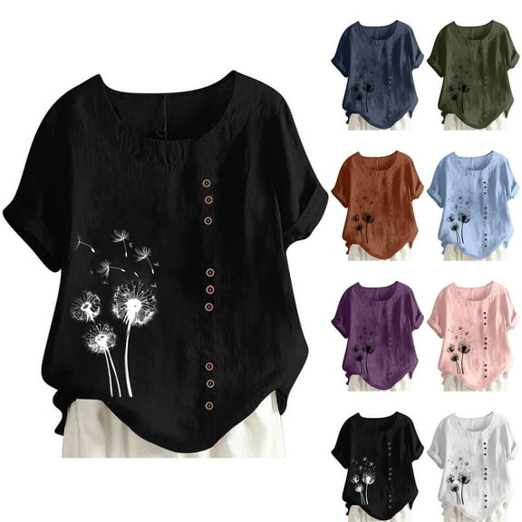 Qetyuw Women's Cotton Linen Shirts Short Sleeve Round Neck Shirt Boho Tops for Women Plus Size Floral Graphic Tees