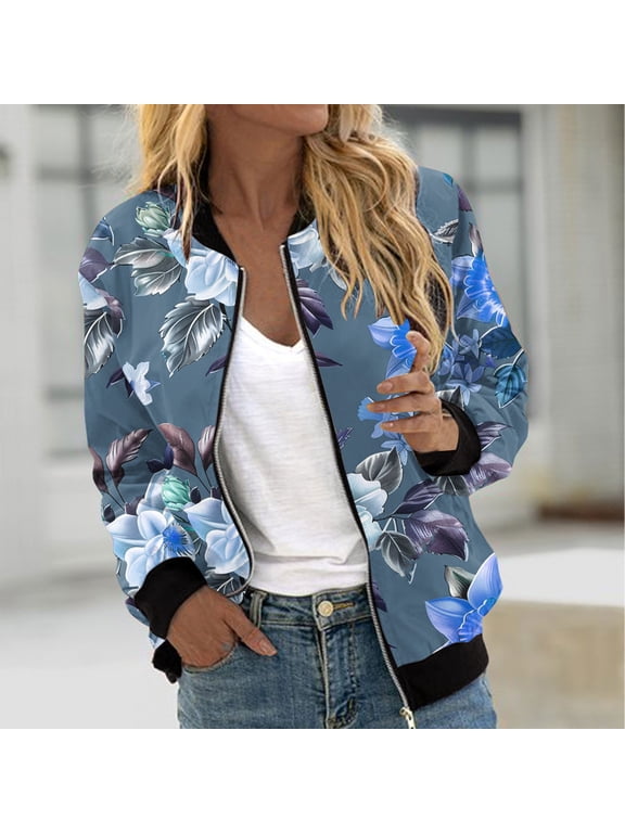 Women's Floral Print Bomber Jacket Full Zip Up Long Sleeve Open Front Coat Plus Size Casual Jackets