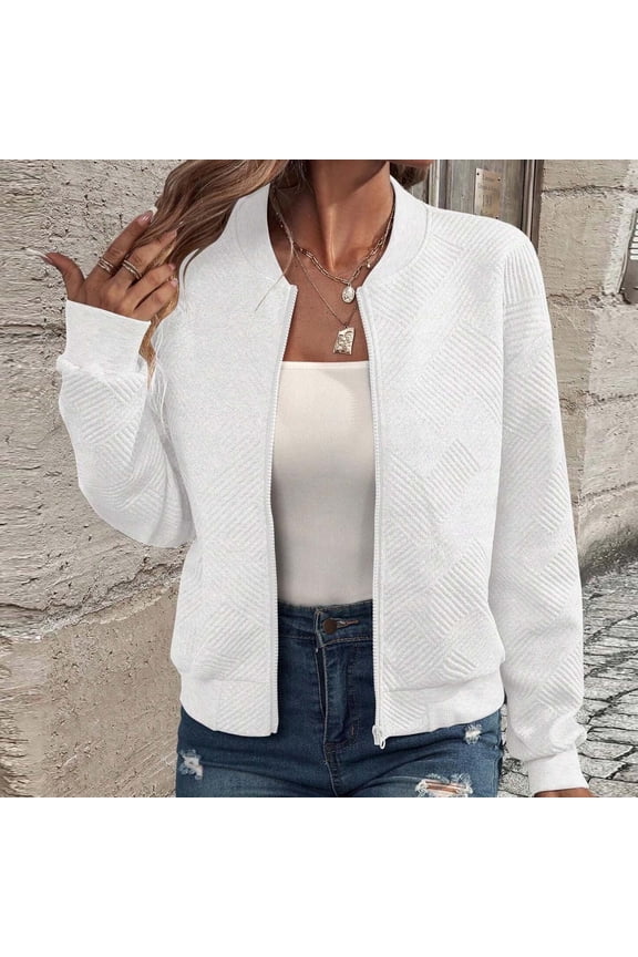 Women's Full Zip UP Cropped Jacket Lightweight Bomber Jacket Long Sleeve Crewneck Cardigan Casual Solid Color Knit Baseball Outerwear Top