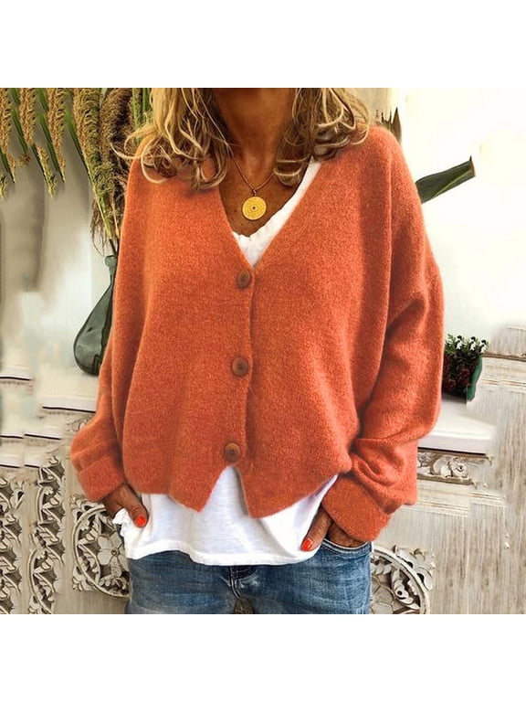 Women's Fuzzy Cardigan V-Neck Button Down Sweaters Long Sleeve Solid Color Jacket Fall Open Front Cropped Outerwear Lightweight Oversized Fleece Coat