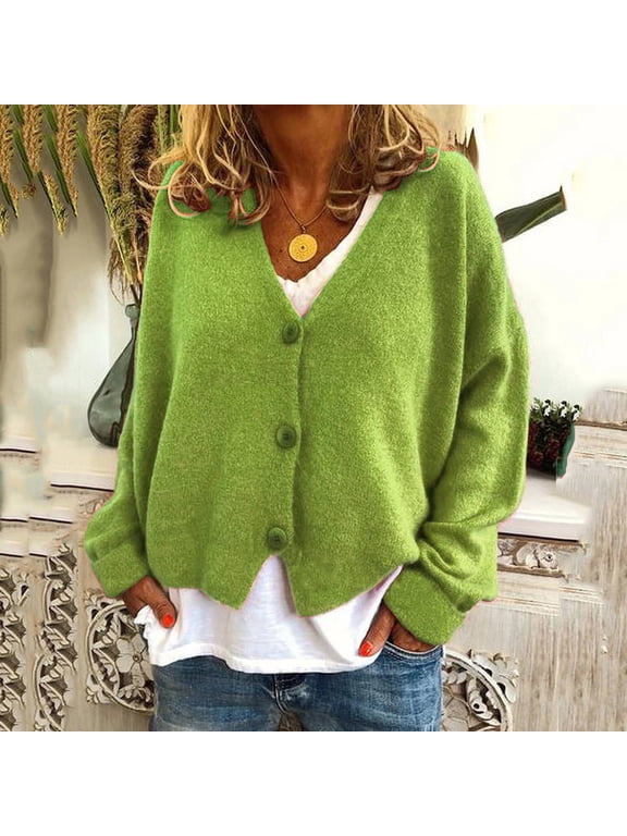 Women's Fuzzy Cardigan V-Neck Button Down Sweaters Long Sleeve Solid Color Jacket Fall Open Front Cropped Outerwear Lightweight Oversized Fleece Coat