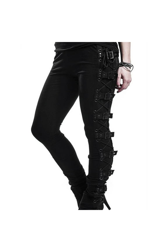 Women's Gothic Skinny Pants Stretchy Linen Punk Leggings High Waist Bandage Slim Fit Pants Fashion Rock Concerts Tight Trousers