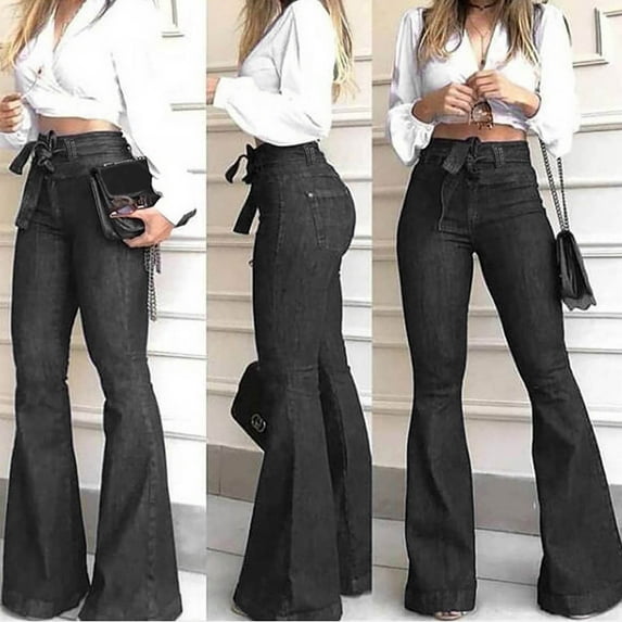 Qetyuw Women's High Rise Jeans Belted Waist Flare Pants Bell Bottom Slim Fit Pants Stretch Tummy Control Vintage Bootcut Pants Trendy Business Dressy Pants