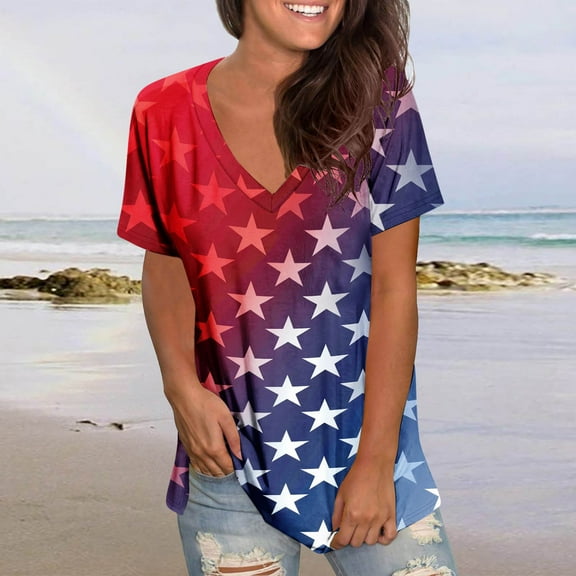 Qetyuw Women's Independence Day Shirts Casual Patriotic Red White and Blue Print Tshirts Cute Short Sleeve Tees Beach V Neck Blouses Tops Summer Tops for Women 2024