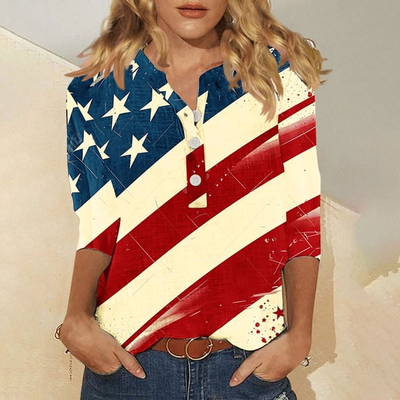 Qetyuw Women's Independence Day Shirts Funny Patriotic Red White and Blue Print Tshirts Loose Fit 3/4 Sleeve Tees Dressy Casual V Neck Buttons Blouses Tops Blouses for Women Dressy Casual