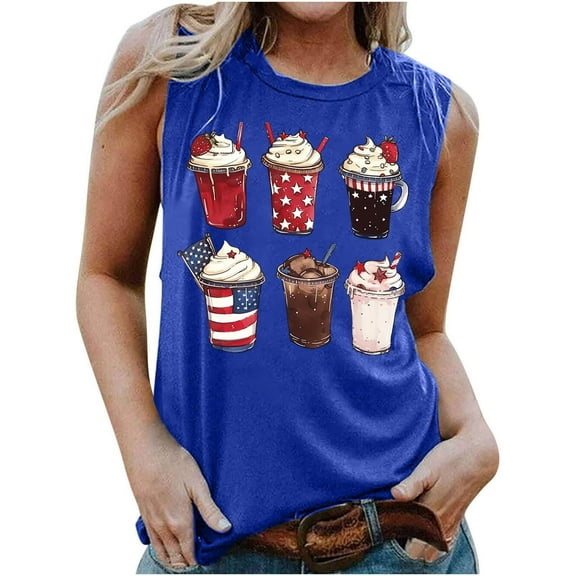 Qetyuw Women's Independence Day Tank Tops Plus Size Patriotic American Flag Print Tshirts Cotton Sleeveless T-shirts Cami Comfy Crewneck Tanks Womens Tank Tops under $5