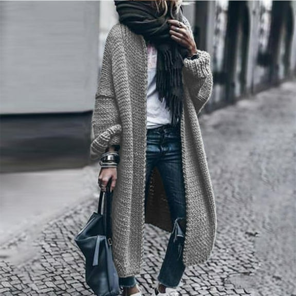 Qetyuw Women's Long Knit Sweater Cardigan Winter Oversized Long Sleeve Open Front Cardigans Coat Casual Comfy Jacket