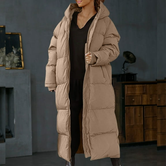 Qetyuw Women's Long Puffer Coat Winter Warm Full Zip Up Open Front Hooded Coats Long Sleeve Casual Chunky Outwear