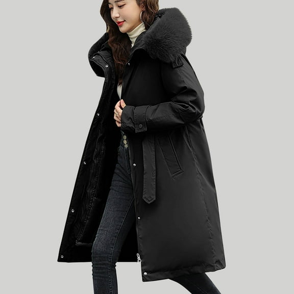 Qetyuw Women's Long Puffer Jackets Winter Long Sleeve Coat with Faux Fur Hooded Solid Fleece Lined Thick Puffer Coats with Belted Button Down Zip UP Jackets