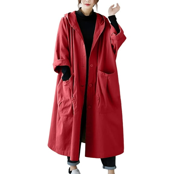 Qetyuw Women's Long Trench Coat Single Breasted Hooded Windbreaker Plus Size Lapel Pea Coat with Big Pockets Fall Solid Color Vintage Outerwear Jacket