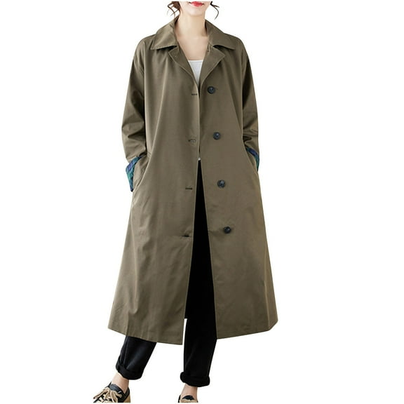 Qetyuw Women's Long Trench Coat Single Breasted Windbreaker Classic Notched Lapel Jacket Fall Vintage Long Sleeve Overcoat Split Hem Outerwear with Belt