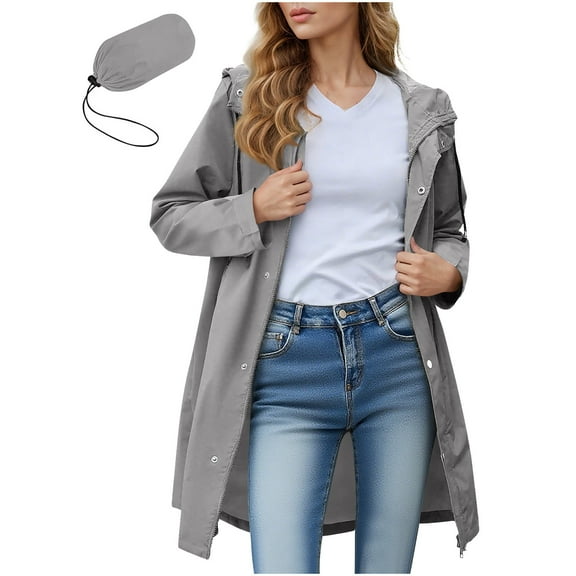 Qetyuw Women's Long Waterproof Hoodie Jacket Full Zip Up Long Sleeve Coat Windproof Button Open Front Outwear