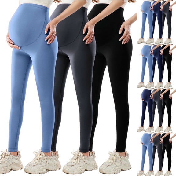 Qetyuw Women's Maternity Leggings 3 Pack Over The Belly Bump Workout Full Length Leggings Running Active Stretchy Yoga Pants