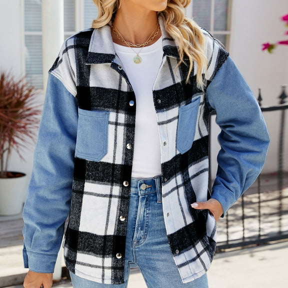 Qetyuw Women's Plaid Denim Jacket 2024 Fall Long Sleeve Lapel Collar Shacket with Pockets Loose Casual Button Down Jean Cardigan