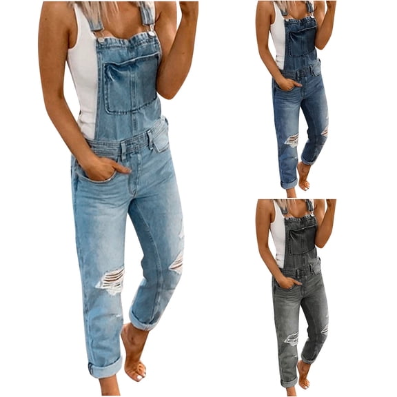 Qetyuw Women's Ripped Denim Bib Pants Distressed Stretch Overalls Vintage Adjustable Straps Jumpsuits Classic Trendy Slim Fit Jeans Sleeveless Romper