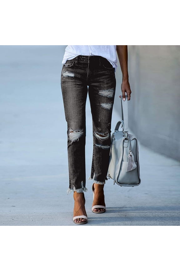Women's Ripped Jeans Distressed Boyfriend Denim Pants Ankle Length Stretch Low Rise Straight Leg Pants Trendy Slim Fit Streetwear Skinny Trousers