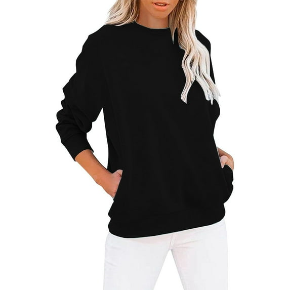 Qetyuw Women's Solid Color Basic Sweatshirt Fashion Side Pocket Pullover Long Sleeves Crew Neck Casual Sport Tops