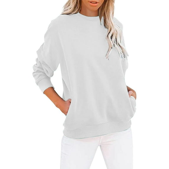 Qetyuw Women's Solid Color Basic Sweatshirt Fashion Side Pocket Pullover Long Sleeves Crew Neck Casual Sport Tops