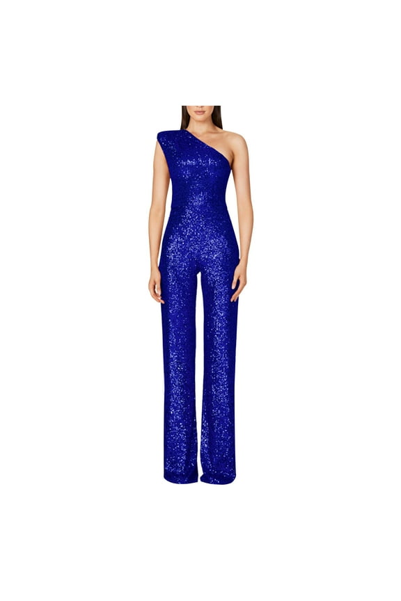 Women's Sparkly Sequin Jumpsuit One Shoulder Sleeveless Overalls Glitter Straight Wide Leg Long Pants Romper High Waist Party Evening Club Onesie