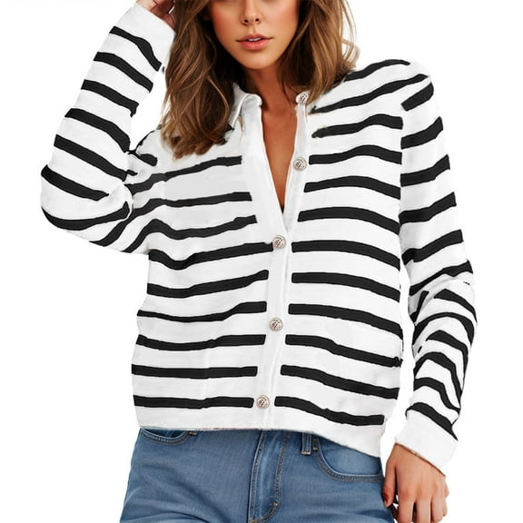 Qetyuw Women's Striped Cardigan Jacket Button Down Crew Neck Casual Coat Slim Fit Long Sleeve Open Front Jackets