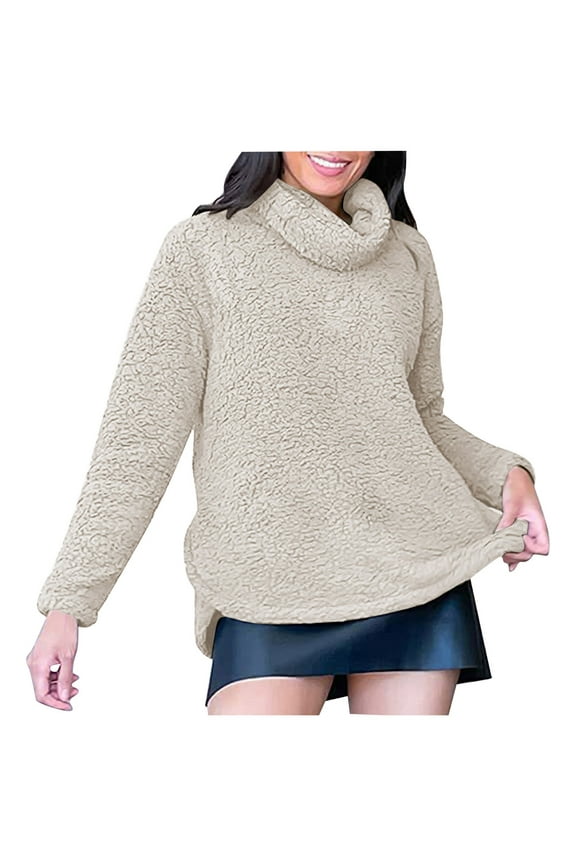 Women's Turtleneck Fuzzy Fleece Sweater Long Sleeve Sherpa Warm Pullover Jumper Oversized Chunky Casual Sweaters