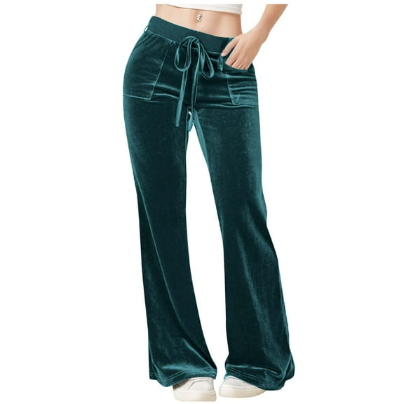 Qetyuw Women's Velvet Pants Drawstring Wide Leg Pants Soft Elastic Waist Palazzo Pants with Pockets Low Rise Flare Trousers Party Evening Pants