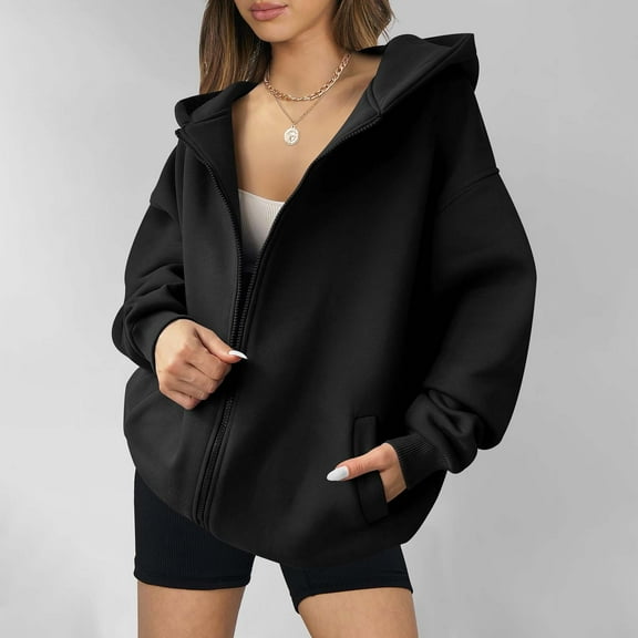 Qetyuw Women's Zip Up Hooded Jacket Long Sleeve Casual Open Front Coat Solid Loose Fit Jackets Outwear with Pockets