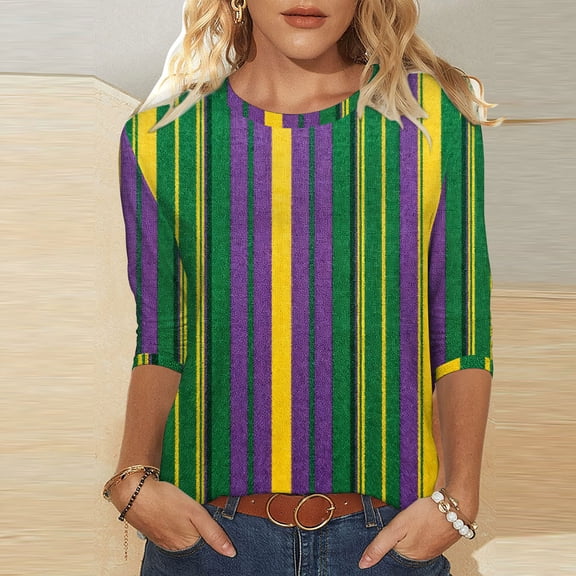 Qetyuw Womens 3/4 Length Sleeve Shirts Mardi Gras Crew Neck Tshirts Summer Loose Fit Tees Night Out Carnival Party Tshirt