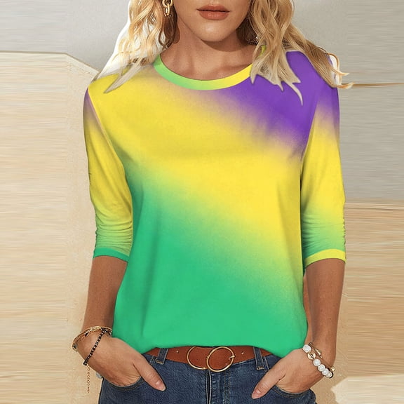 Qetyuw Womens 3/4 Length Sleeve Shirts Mardi Gras Crew Neck Tshirts Summer Loose Fit Tees Night Out Carnival Party Tshirt
