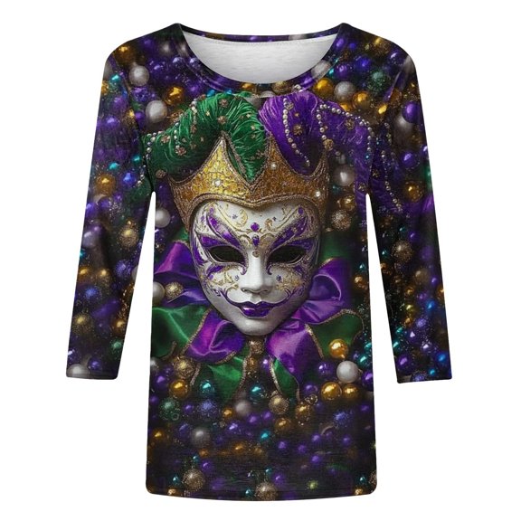 Qetyuw Womens 3/4 Sleeve Shirts Mardi Gras Crew Neck T Shirts Purple Yellow Green Mask Print Tees Carnival Party Tee Shirt