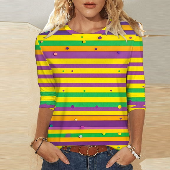 Qetyuw Womens 3/4 Sleeve Tops Mardi Gras Crew Neck Shirts Loose Fit Casual Graphic Tshirt Carnival Party Tshirts for Women