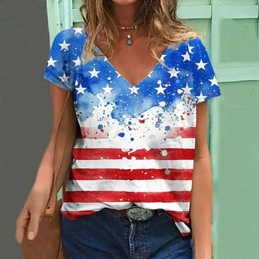 Qetyuw Womens 4th of July Shirts Plus Size Patriotic American Flag Graphic Tshirts Cute Short Sleeve Tees Breezy V Neck Blouses Tops Workout Tops for Women
