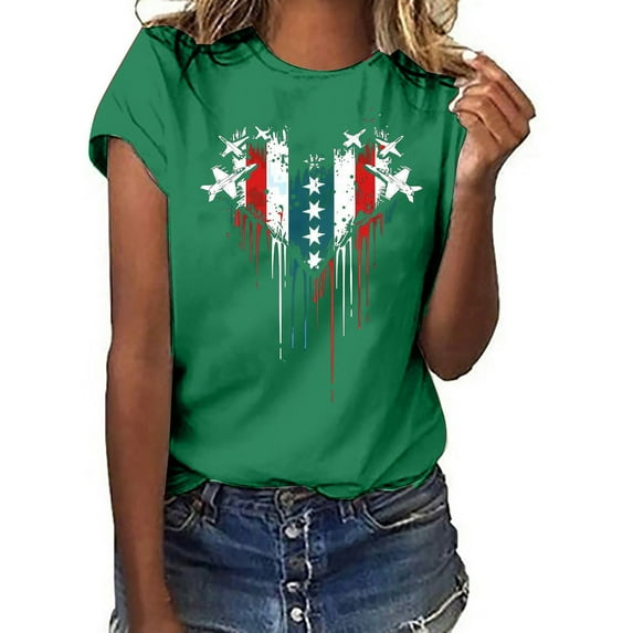 Qetyuw Womens 4th of July Shirts Plus Size Patriotic Red White and Blue Print Tshirts Tunic Short Sleeve Tees Comfortable Crewneck Blouses Tops Summer Tops for Women 2024
