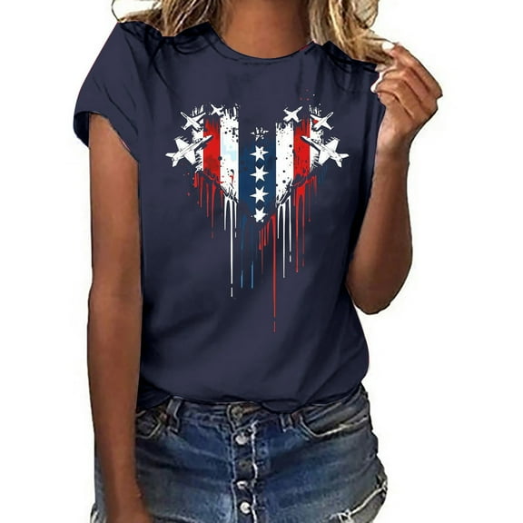 Qetyuw Womens 4th of July Shirts Plus Size Patriotic Red White and Blue Print Tshirts Tunic Short Sleeve Tees Comfortable Crewneck Blouses Tops Summer Tops for Women 2024