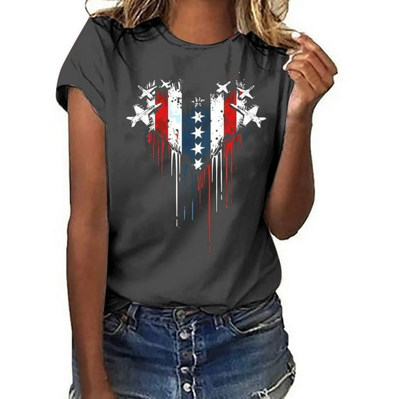 Qetyuw Womens 4th of July Shirts Plus Size Patriotic Red White and Blue Print Tshirts Tunic Short Sleeve Tees Comfortable Crewneck Blouses Tops Summer Tops for Women 2024