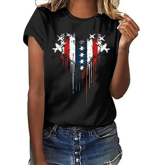 Qetyuw Womens 4th of July Shirts Plus Size Patriotic Red White and Blue Print Tshirts Tunic Short Sleeve Tees Comfortable Crewneck Blouses Tops Summer Tops for Women 2024