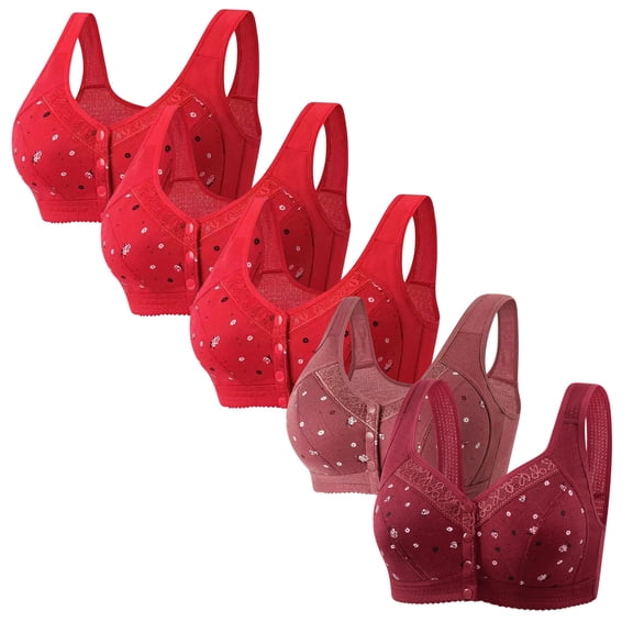 Qetyuw Womens 5 Pack Front Closure Bras Daisy Print Bras Plus Size Wireless Bralettes Push Up Full Coverage Underwear Comfortable Bras for Senior Women