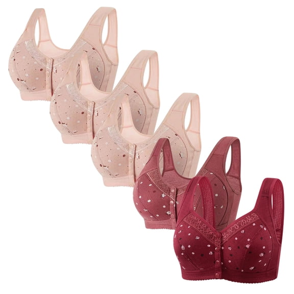 Qetyuw Womens 5 Pack Front Closure Bras Daisy Print Bras Plus Size Wireless Bralettes Push Up Full Coverage Underwear Comfortable Bras for Senior Women