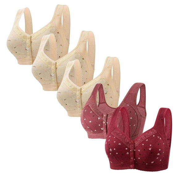Qetyuw Womens 5 Pack Front Closure Bras Daisy Print Bras Plus Size Wireless Bralettes Push Up Full Coverage Underwear Comfortable Bras for Senior Women