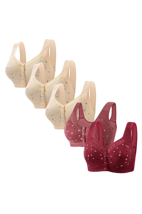 Womens 5 Pack Front Closure Bras Daisy Print Bras Plus Size Wireless Bralettes Push Up Full Coverage Underwear Comfortable Bras for Senior Women