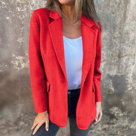 Qetyuw Womens Blazers Wool Blend Long Sleeve Open Front Blazer Notched Lapel Button Casual Cardigan Coat