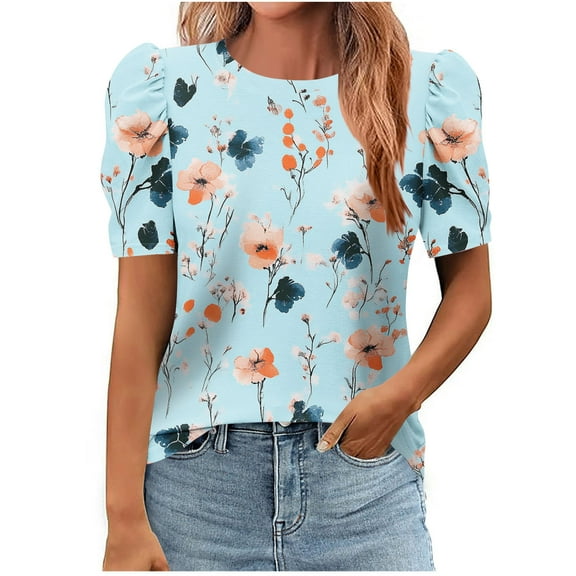 Qetyuw Womens Boho Tops Puff Short Sleeve Shirts Crew Neck Loose Shirt Floral Print Tees Dressy Casual Blouse Tops