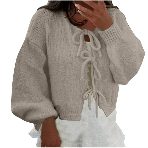 Qetyuw Womens Bow Tie Front Sweater Knitted Long Sleeve Cropped Cardigan Solid Color Casual Cardigans Chunky Sweaters