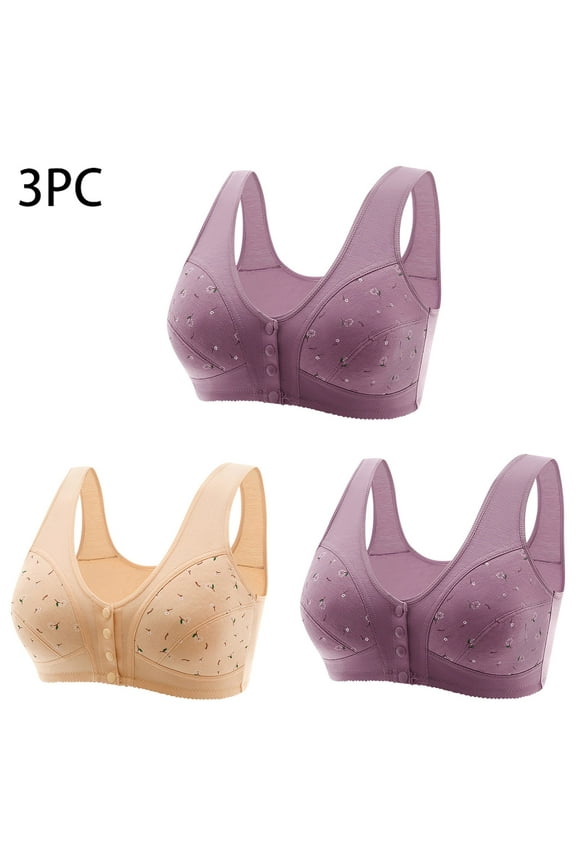 Womens Bras Front Closure No Wire Lift T-shirt Bras Cotton Comfortable Bralettes Stretch Daily Full Figure Bras 3 Packs