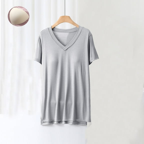 Qetyuw Womens Built-in Bra Padded Seamless T-Shirts V Neck Short Sleeve Pajama Casual Tops Summer Fall Loose Comfy Tee Loungewear