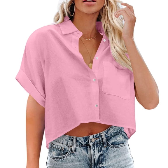 Qetyuw Womens Button Down Cropped Shirts Elegant Rolled Short Sleeve Tshirts Casual Solid Lapel Blouses with Chest Pocket Basic Lightweight Baggy Tops