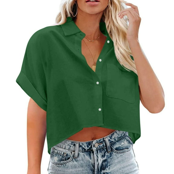 Qetyuw Womens Button Down Cropped Shirts Elegant Rolled Short Sleeve Tshirts Casual Solid Lapel Blouses with Chest Pocket Basic Lightweight Baggy Tops